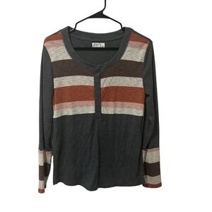 Maurices 24/7 Gray Striped Long Sleeve Henley Top Women's Size L